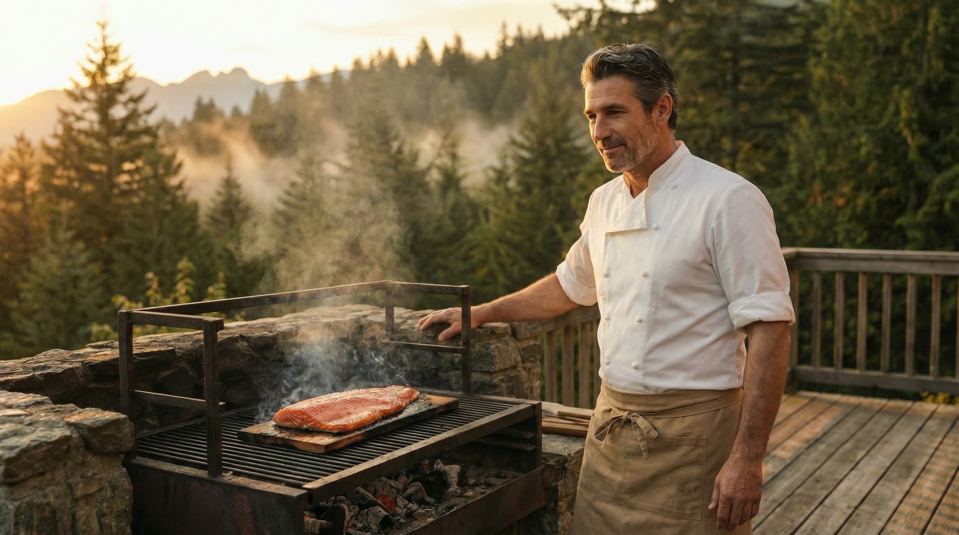 Chef Dean at a rustic outdoor grill with charcoal smoke rising, Pacific Northwest forest in the background
