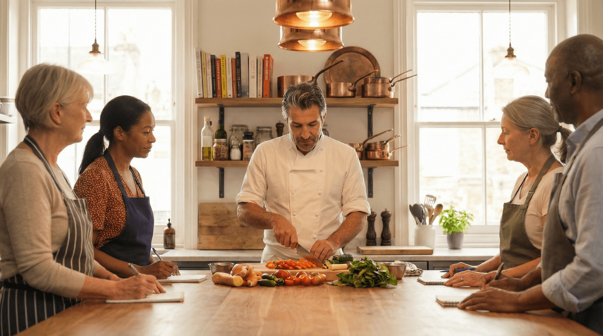 Chef Dean demonstrating knife technique to a group of home cooks in a warm, sunlit kitchen classroom