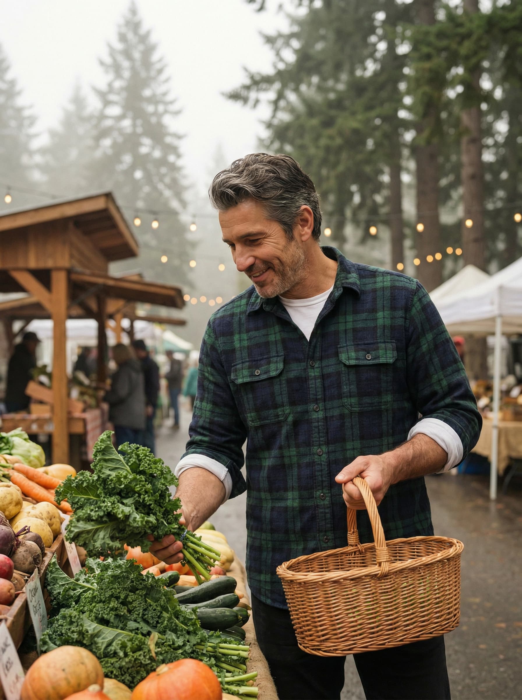 Chef Dean selecting wild mushrooms at a Pacific Northwest farmers market, morning light filtering through Douglas fir trees