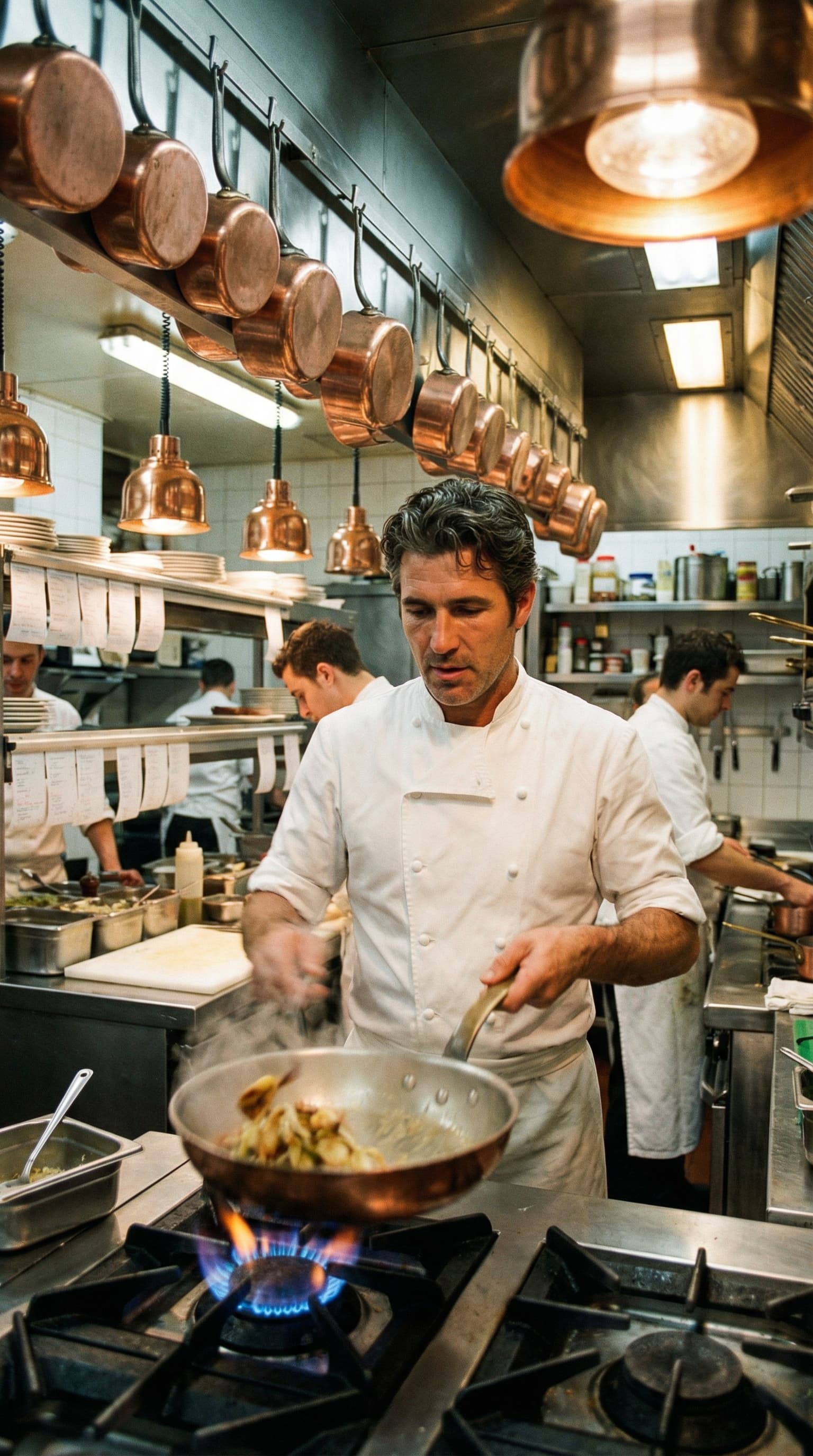Chef Dean working the line in a classic Parisian bistro kitchen, copper pots gleaming on the rack above