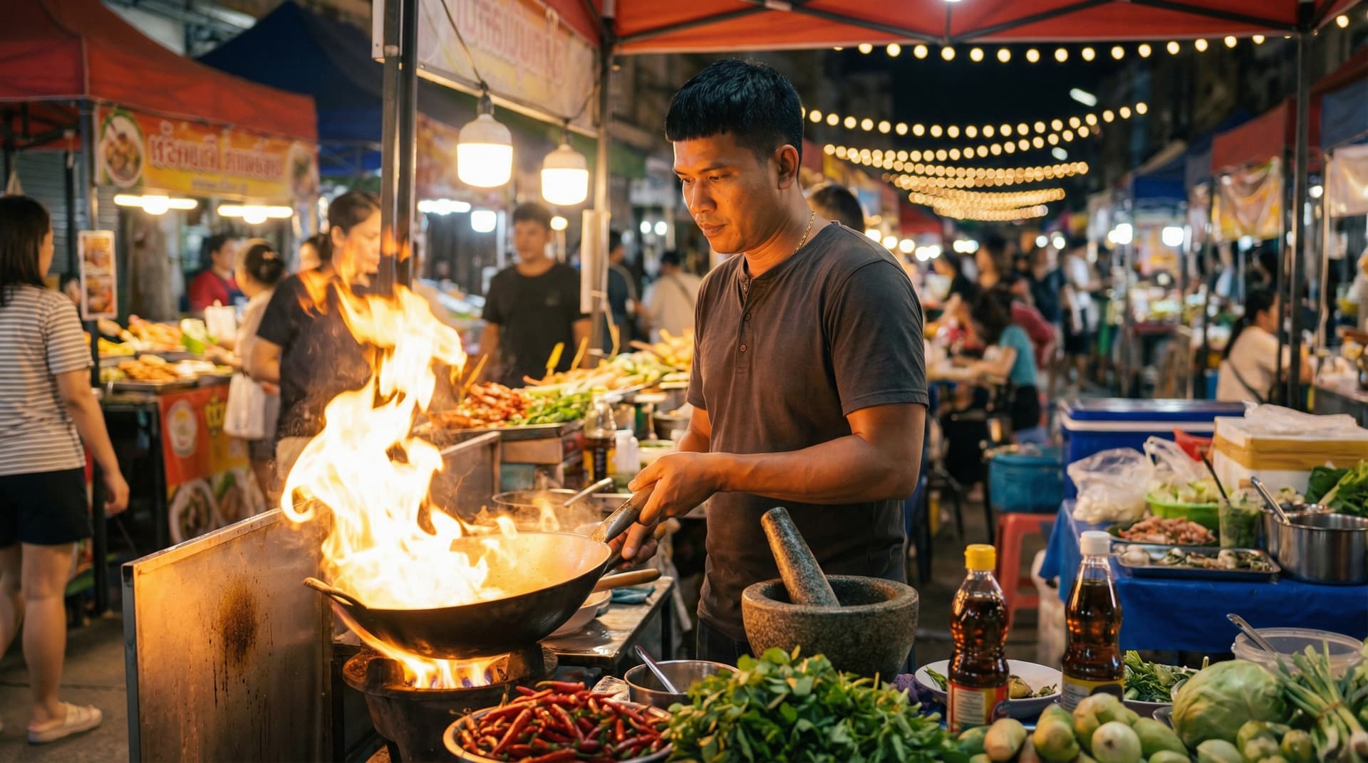 Chef Fai at a Bangkok night market, wok flames illuminating stalls of chilies and fish sauce