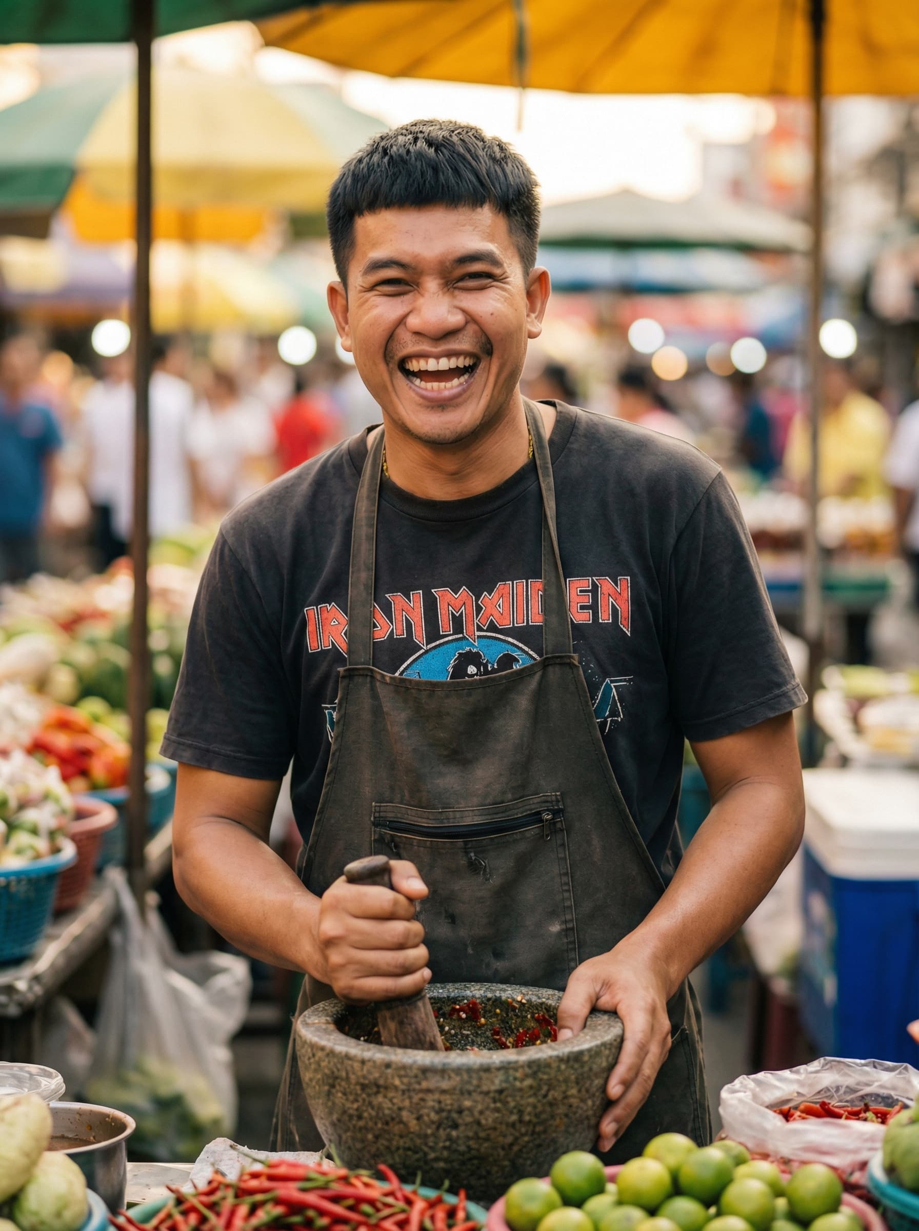 Chef Fai as a young man at a Khlong Toei Market som tam stall, granite mortar in hand