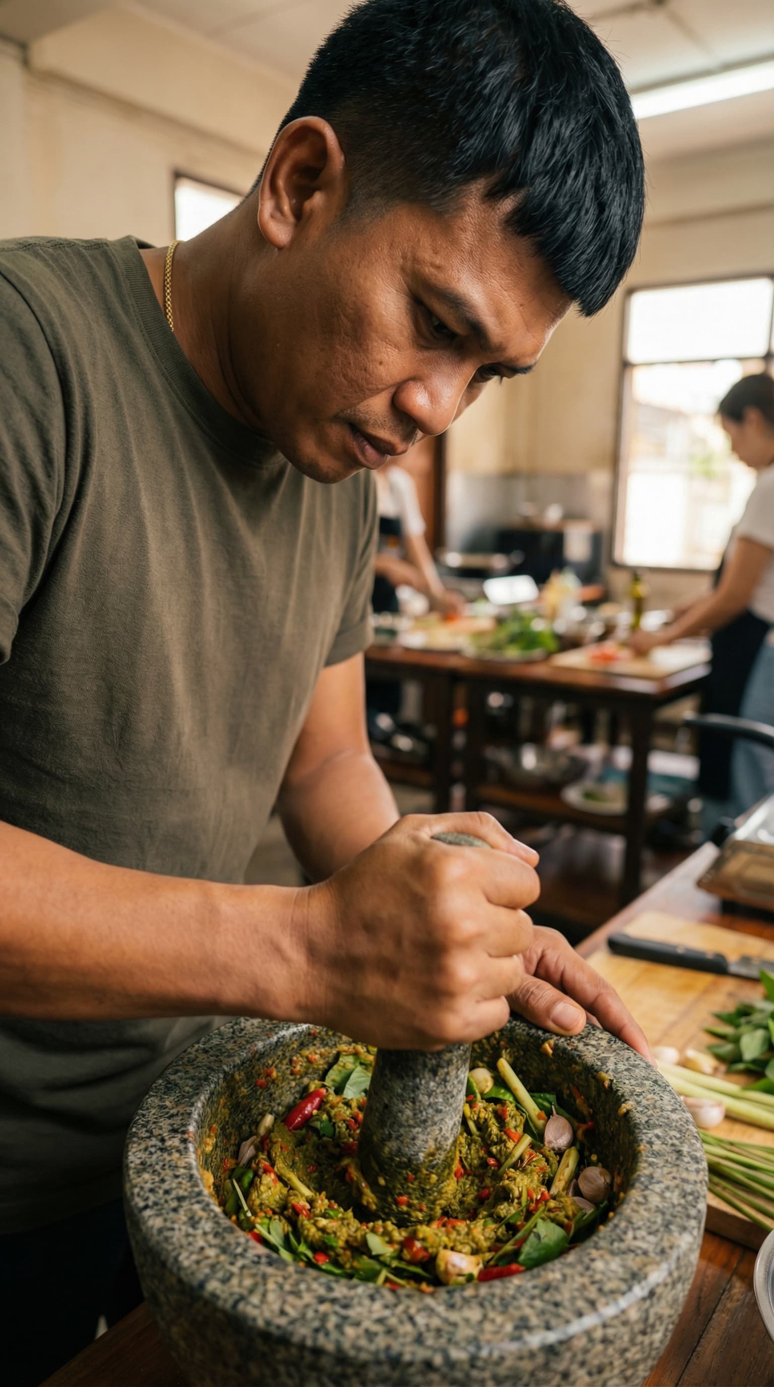 Chef Fai in a teaching kitchen, concentrating on the texture of a fresh curry paste