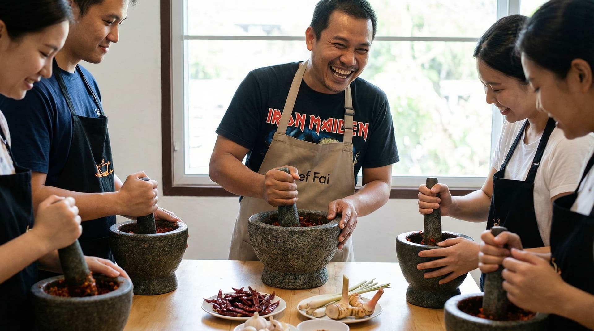Chef Fai leading a hands-on workshop, students gathered around granite mortars pounding curry paste