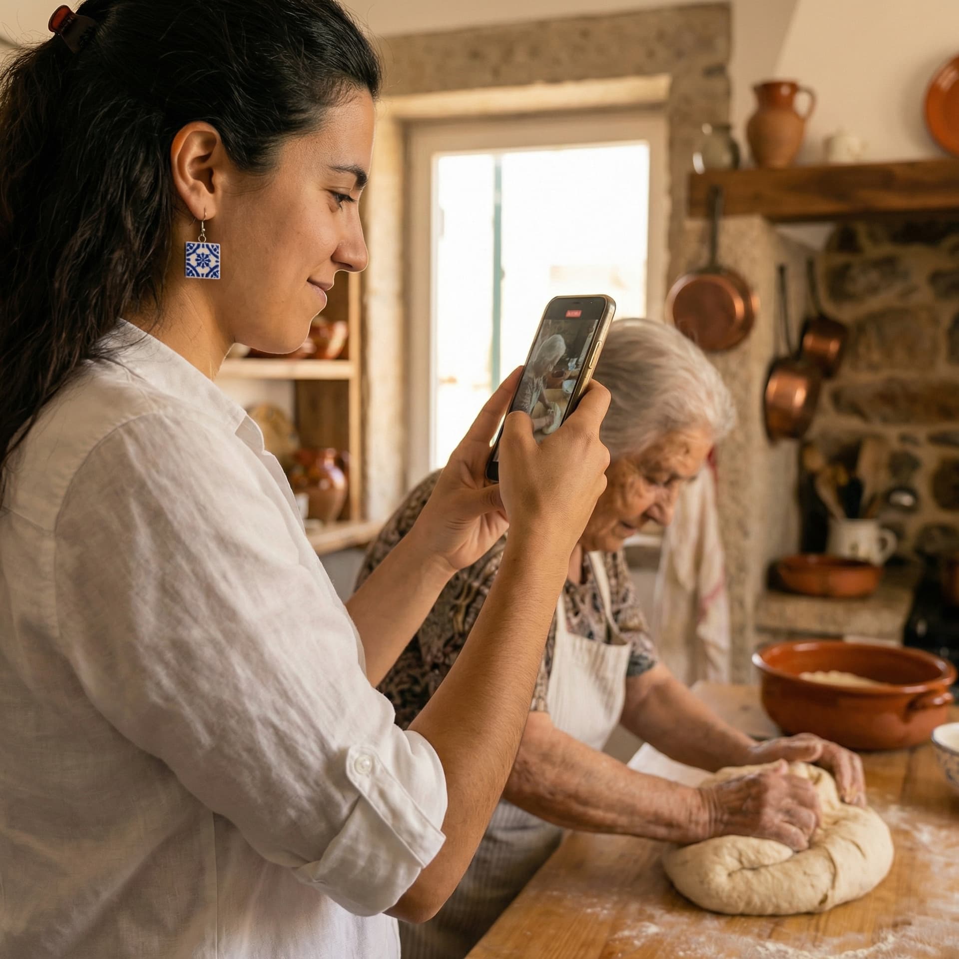 Margarida recording her grandmother Avó Leonor kneading dough in a traditional Portuguese kitchen