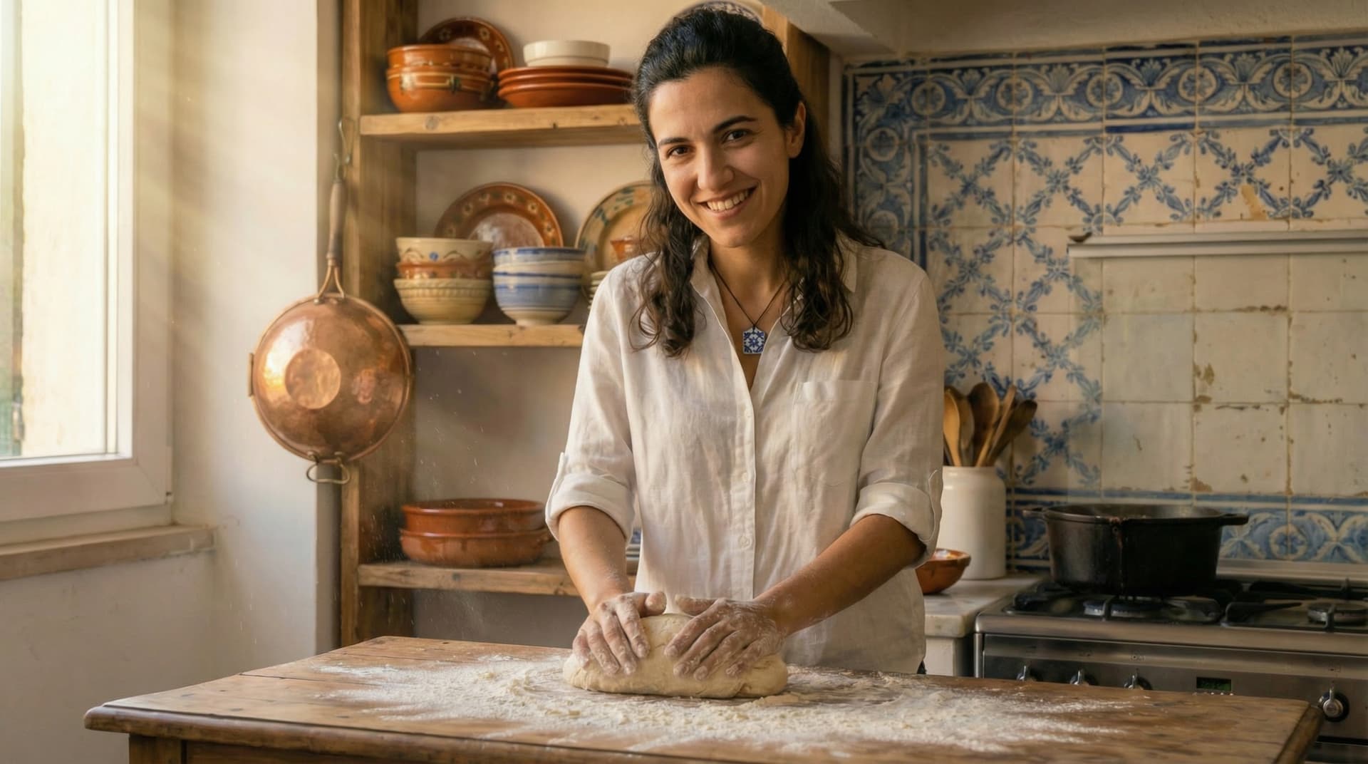 Chef Margarida kneading dough in a traditional Portuguese kitchen with azulejo tiles