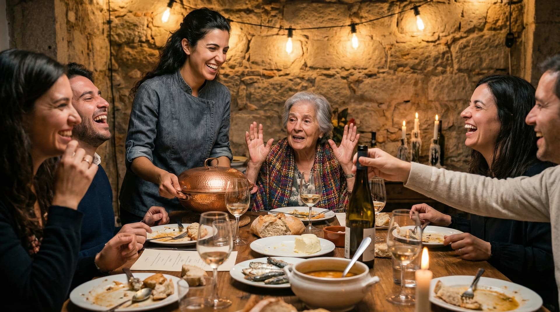 Margarida presenting a copper cataplana as guests and a grandmother share laughter at a candlelit Mesa da Avó dinner