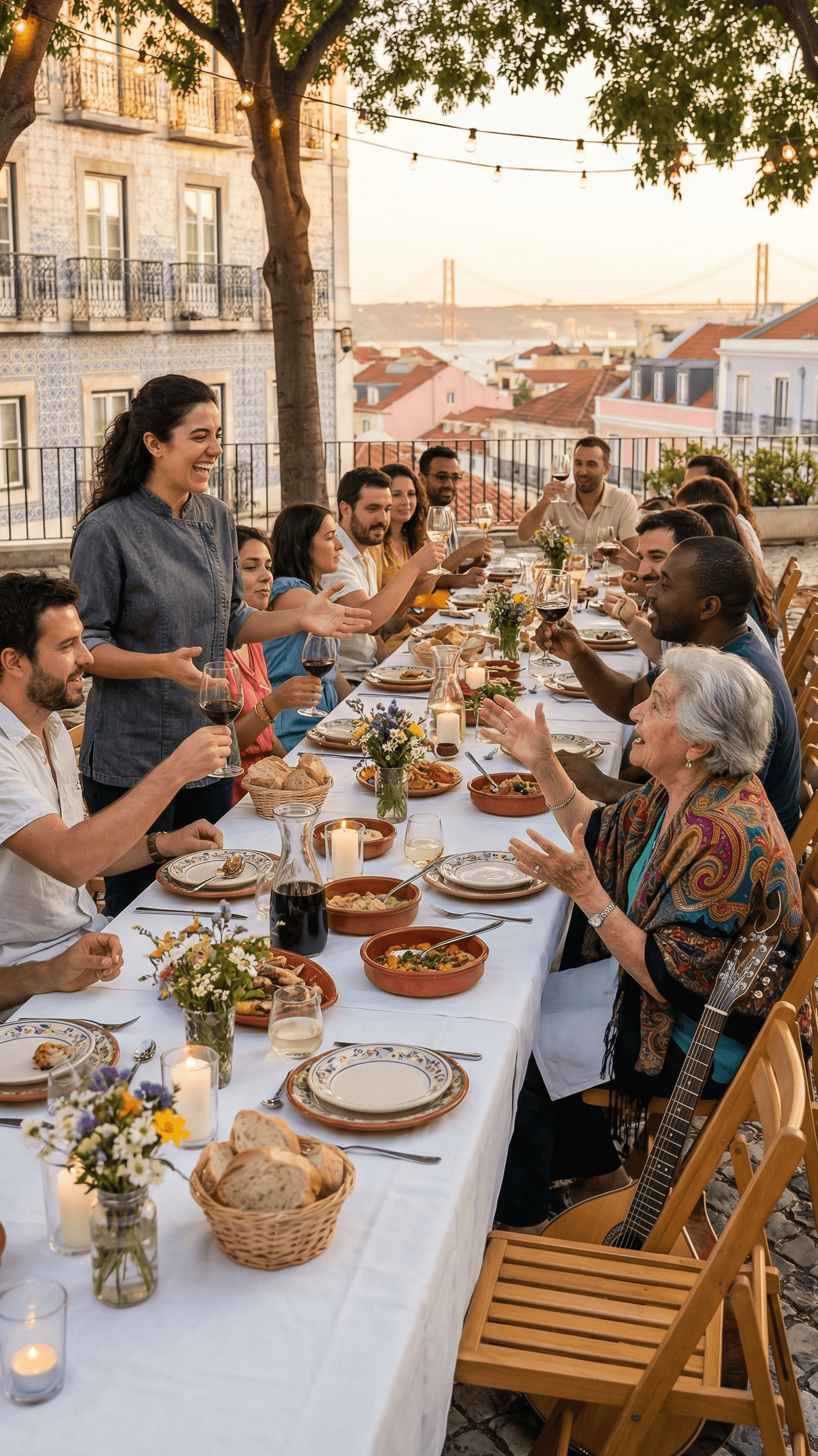 Margarida hosting a Mesa da Avó pop-up dinner on a Lisbon rooftop at golden hour
