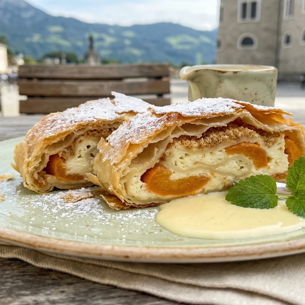 Topfen-Marillen-Strudel (Quark-Apricot Strudel)