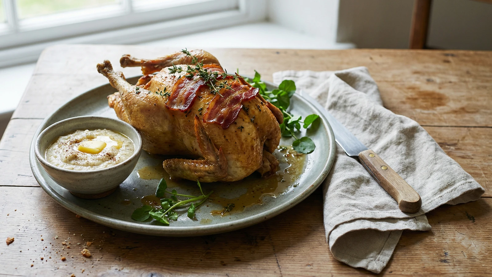 Roast Pheasant with Bacon and Bread Sauce