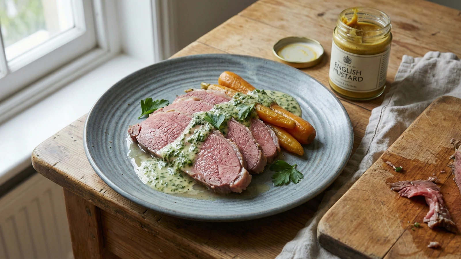 Salt Beef with Carrots and Parsley Sauce