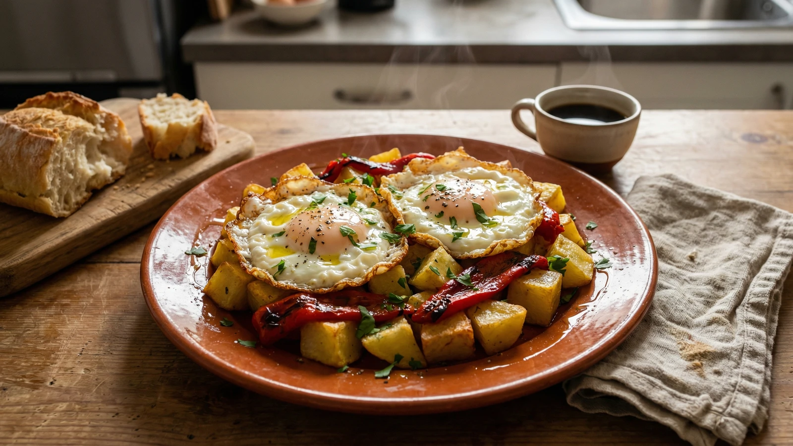 Ovos com Batatas e Pimentos Assados
