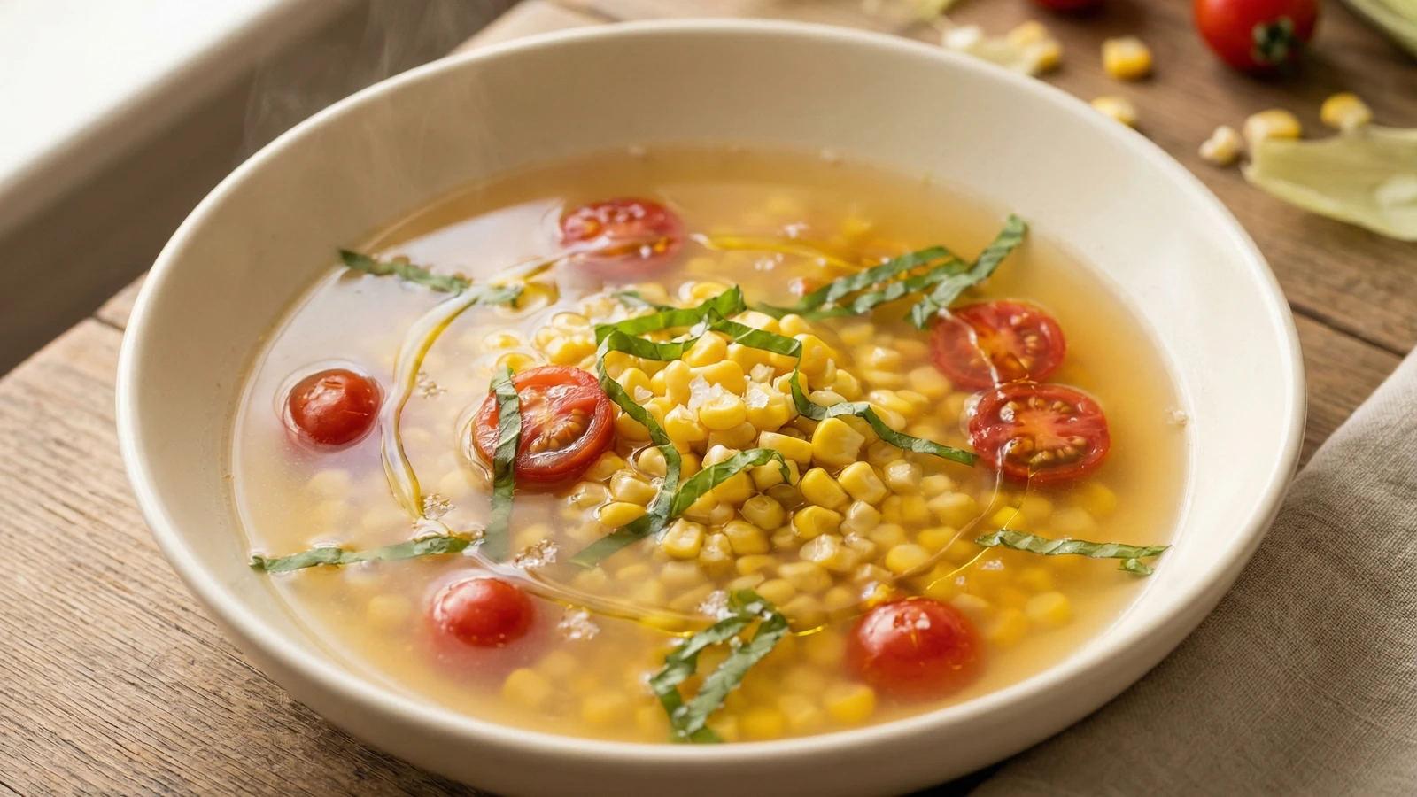 Summer Corn and Basil Broth with Cherry Tomatoes