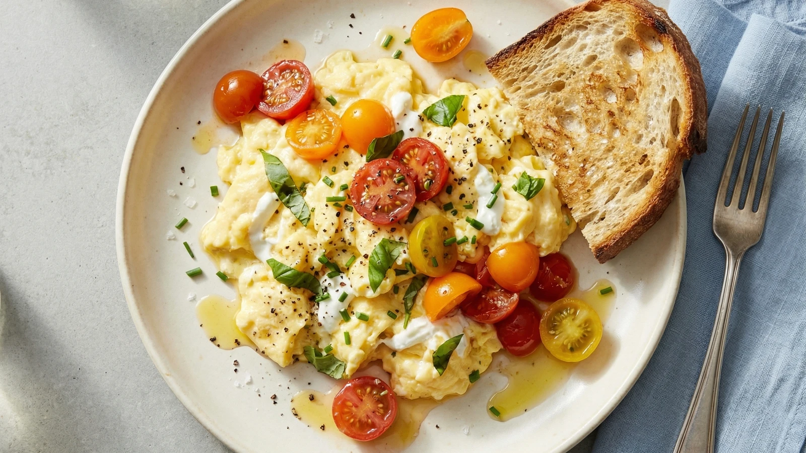 Herbed Goat Cheese Scrambled Eggs with Summer Tomatoes