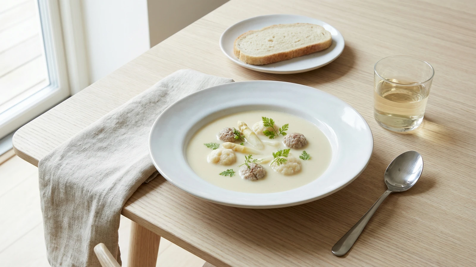 Aspargessuppe med Kødboller og Melboller