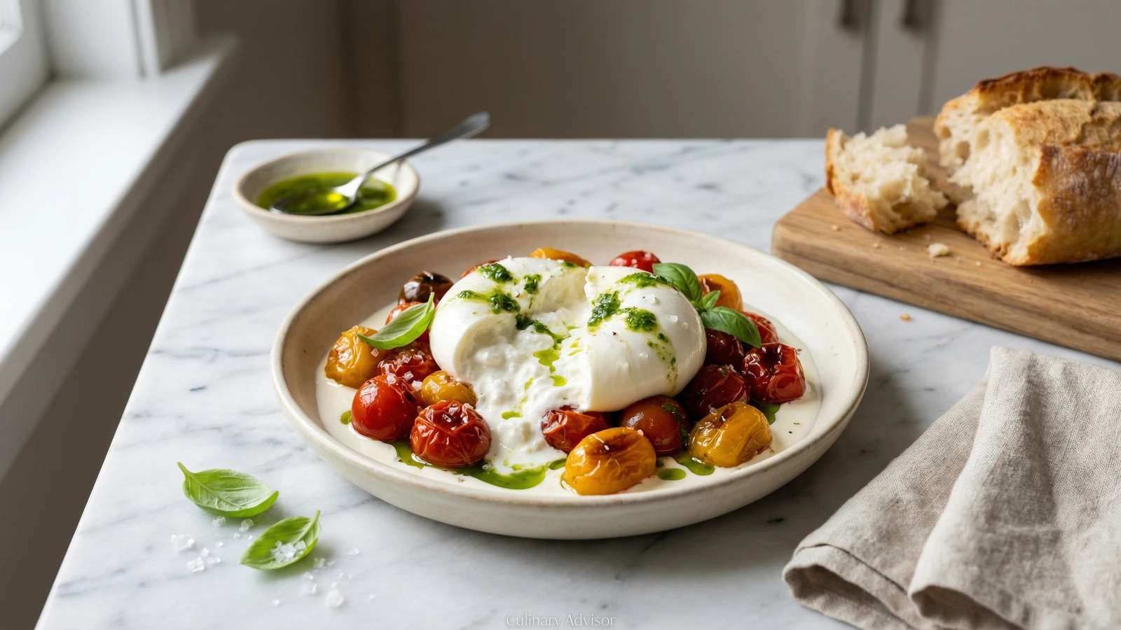 Burrata with Roasted Tomatoes and Basil Oil
