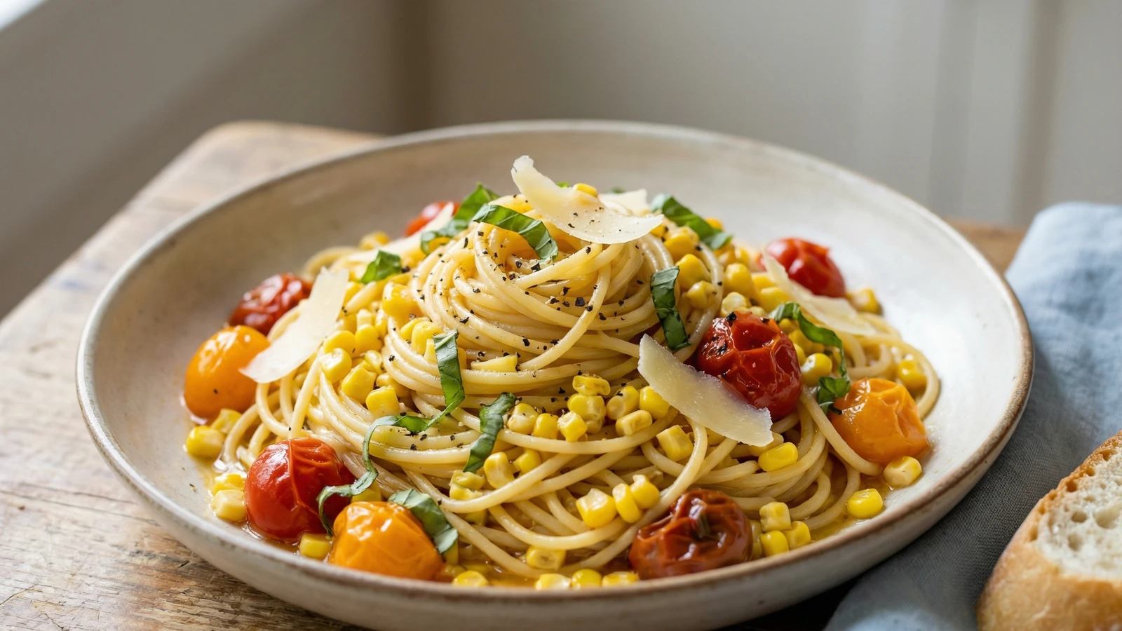 Summer Corn and Tomato Pasta with Basil