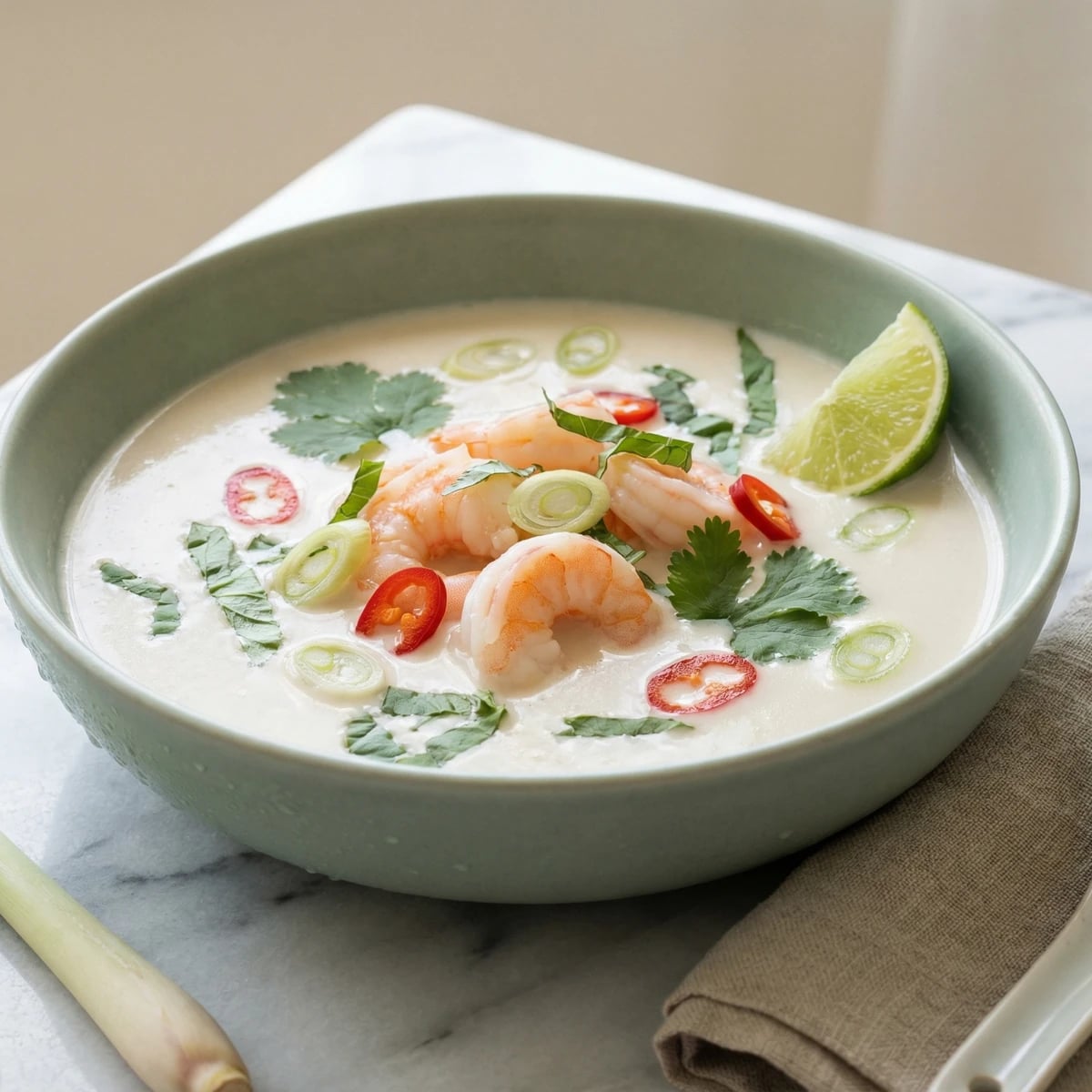 Chilled Coconut Lemongrass Soup with Shrimp