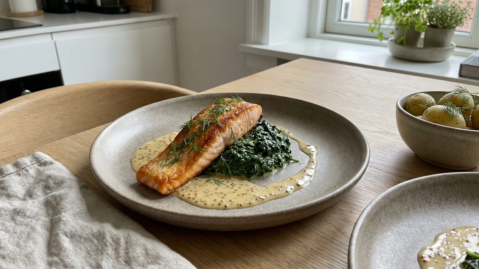 Pandestegt Laks med Sennepssauce og Stuvet Spinat