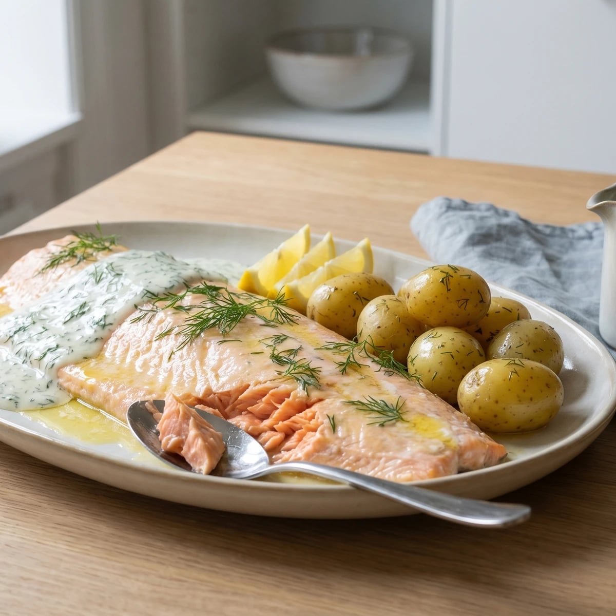 Bagt Laks med Dildsauce og Nye Kartofler
