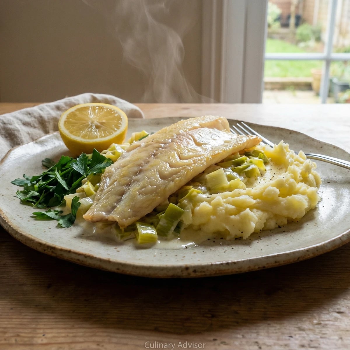 Smoked Haddock with Creamy Leeks and Mash