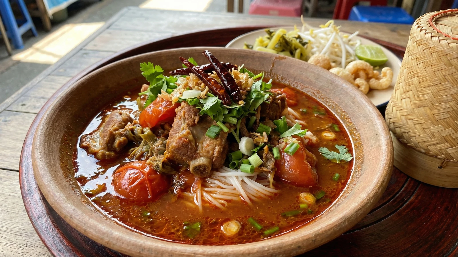 Rice Noodles in Tomato-Pork Broth (Khanom Jeen Nam Ngiew)