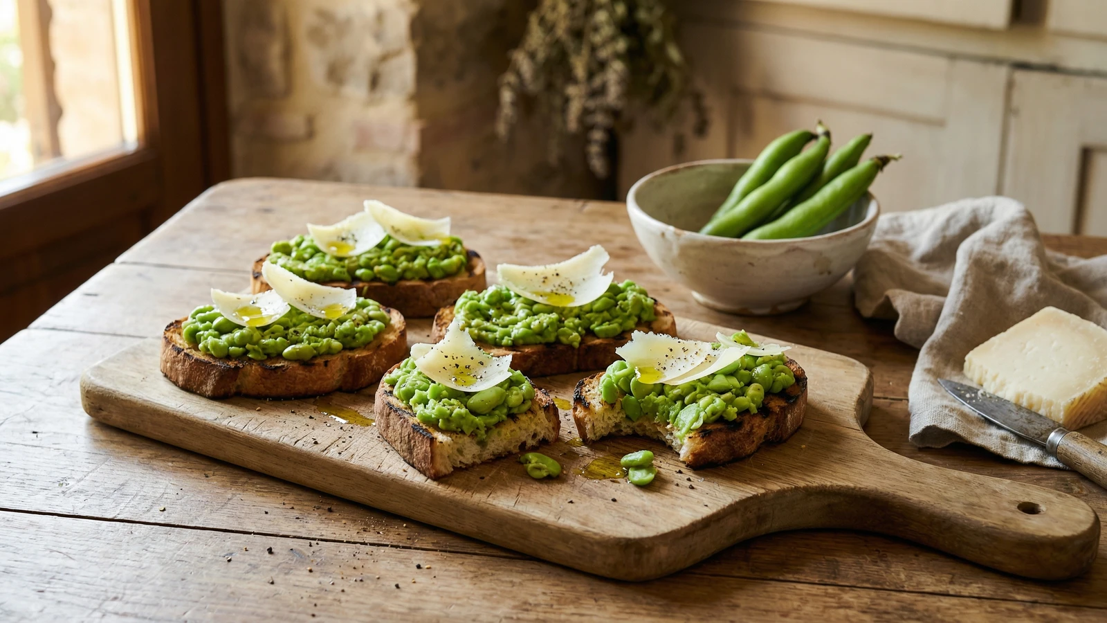 Fava Bean Crostini with Shaved Pecorino