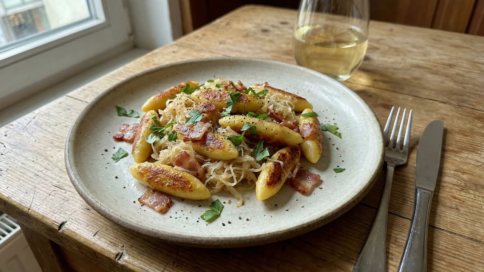 Schupfnudeln mit Sauerkraut und Speck