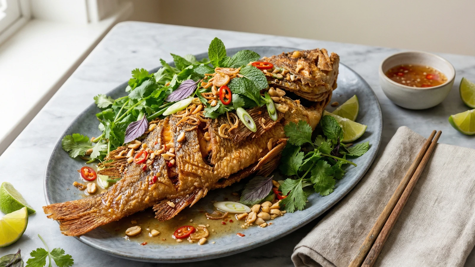 Vietnamese-Style Whole Fried Fish with Nuoc Cham