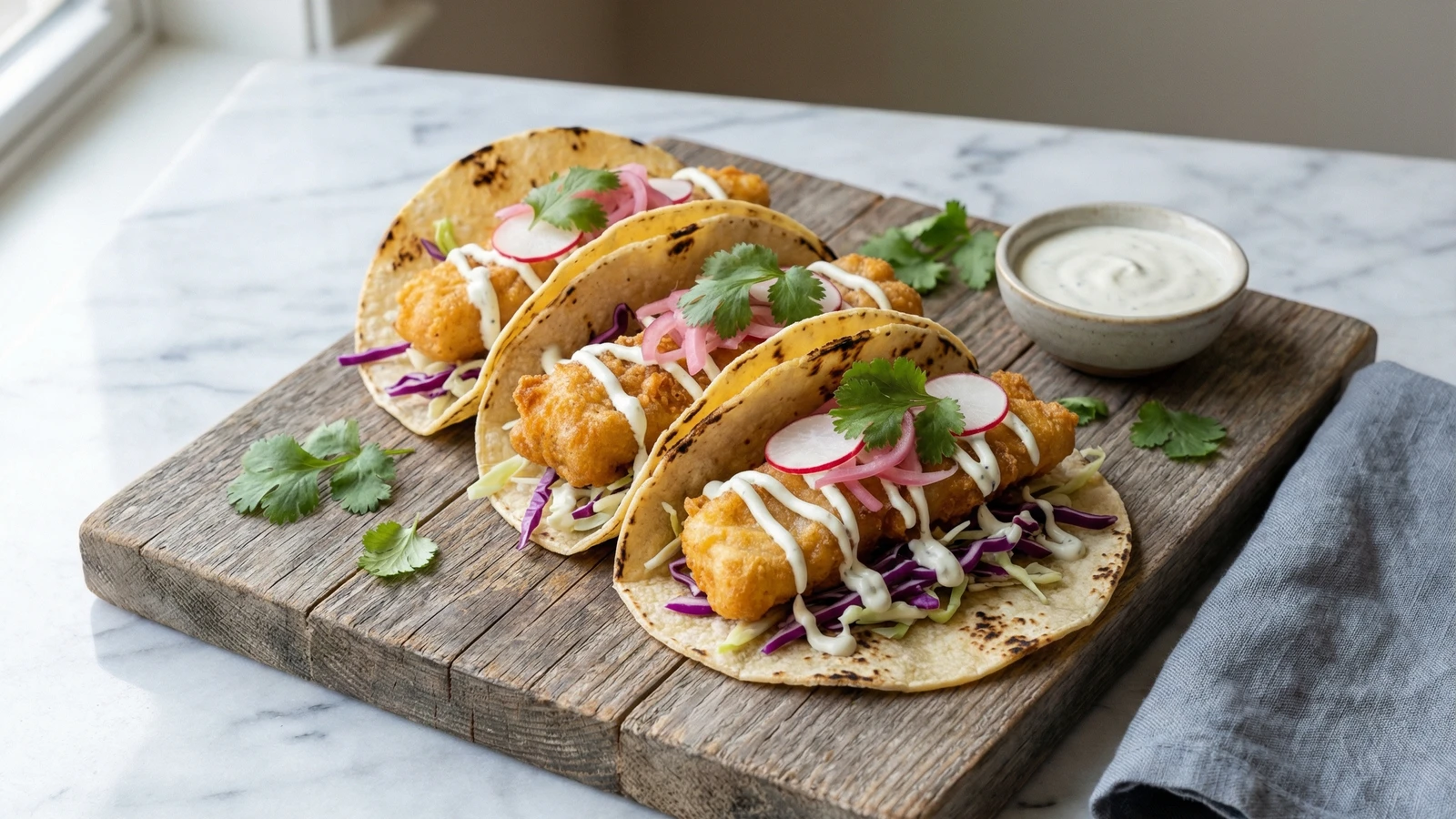 Rockfish Tacos with Lime Crema