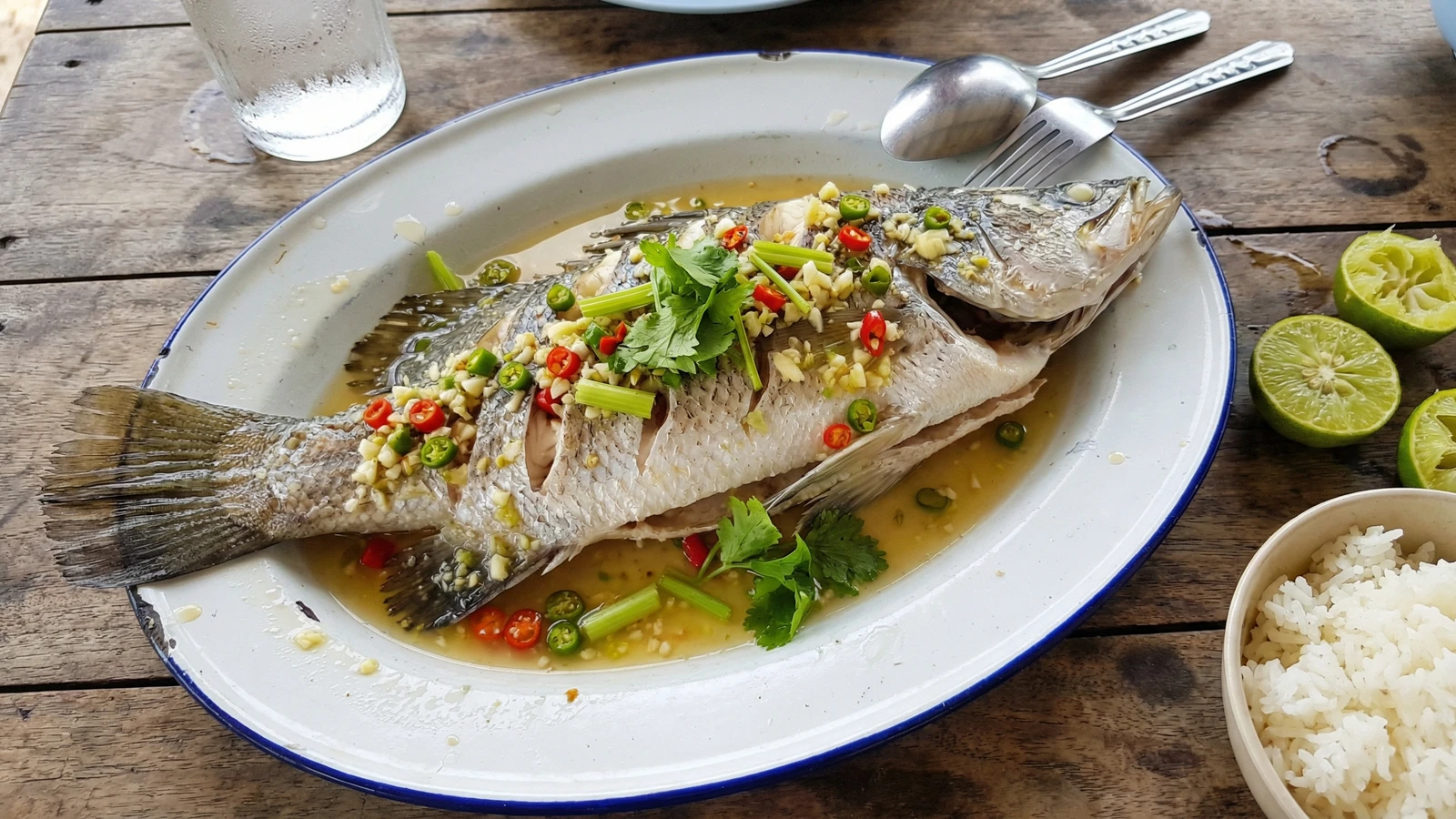 Steamed Sea Bass with Lime (Pla Kapong Neung Manao)