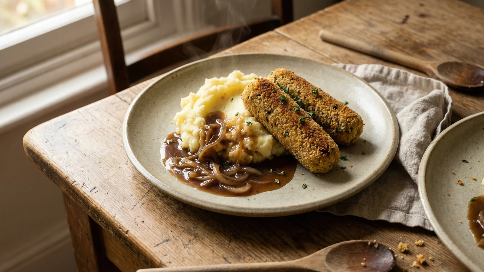 Glamorgan Sausages with Mash and Onion Gravy
