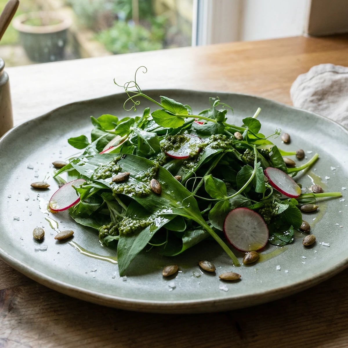 Spring Leaves with Wild Garlic and Pea Shoots