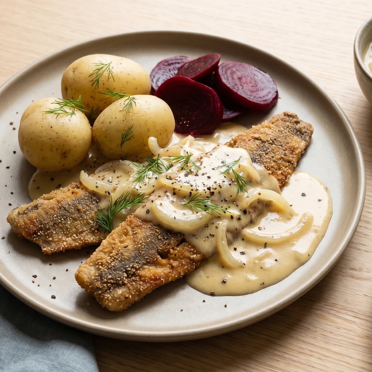 Stegte Sild med Bløde Løg og Kogte Kartofler