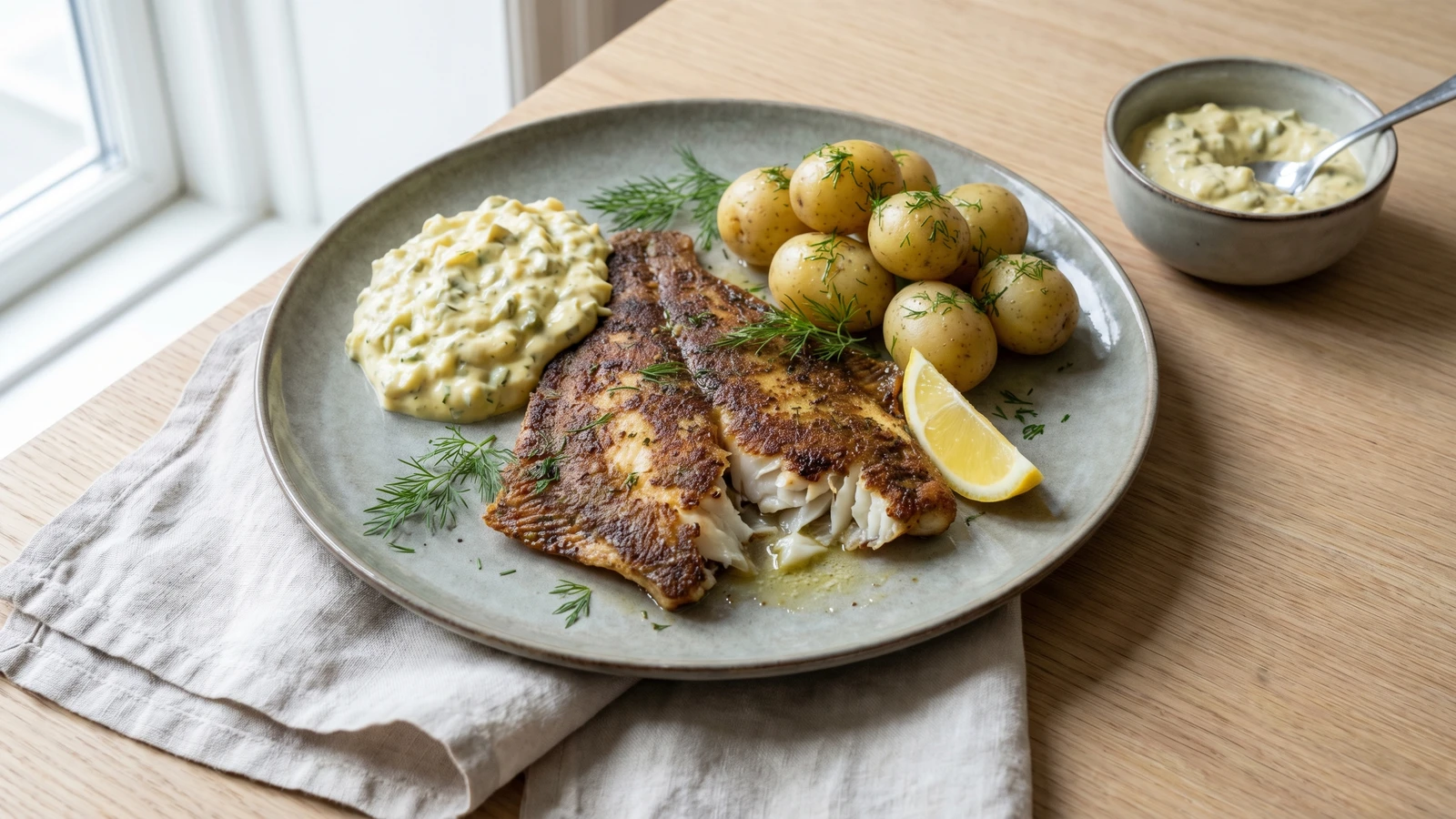 Stegt Rodspaettefilet med Remoulade og Nye Kartofler