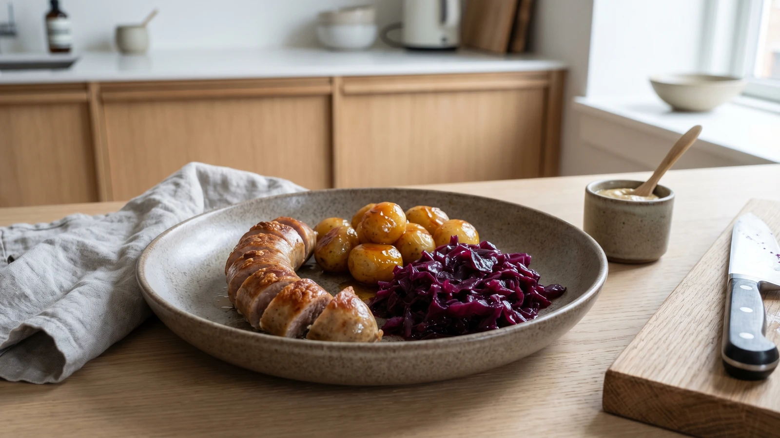 Medisterpølse med Brunede Kartofler