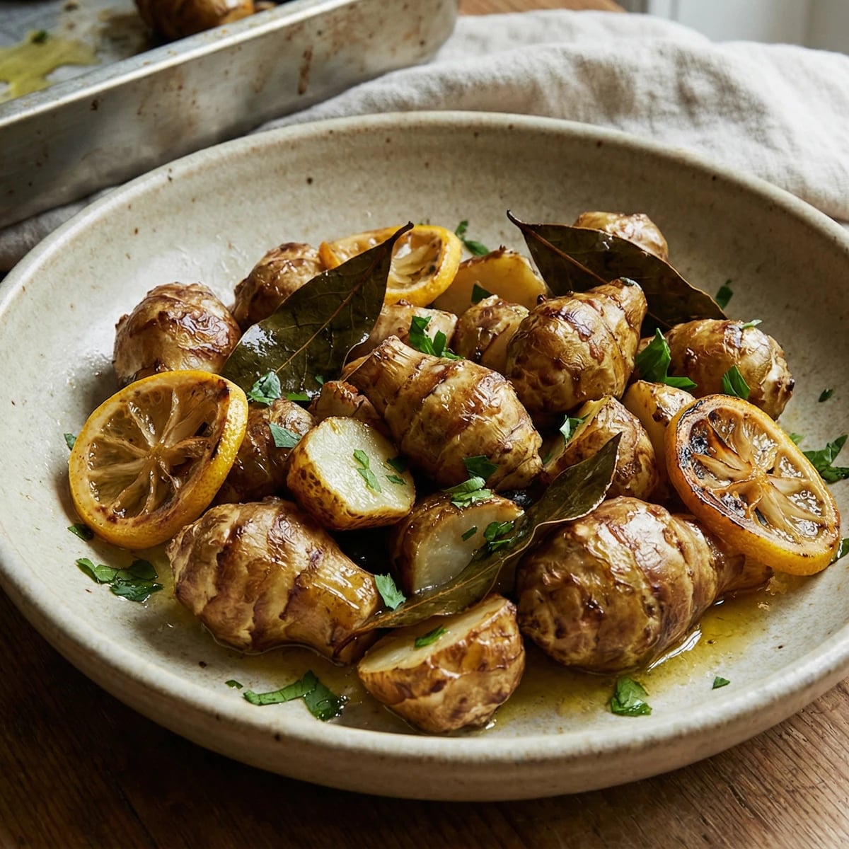 Roasted Jerusalem Artichokes with Lemon and Bay