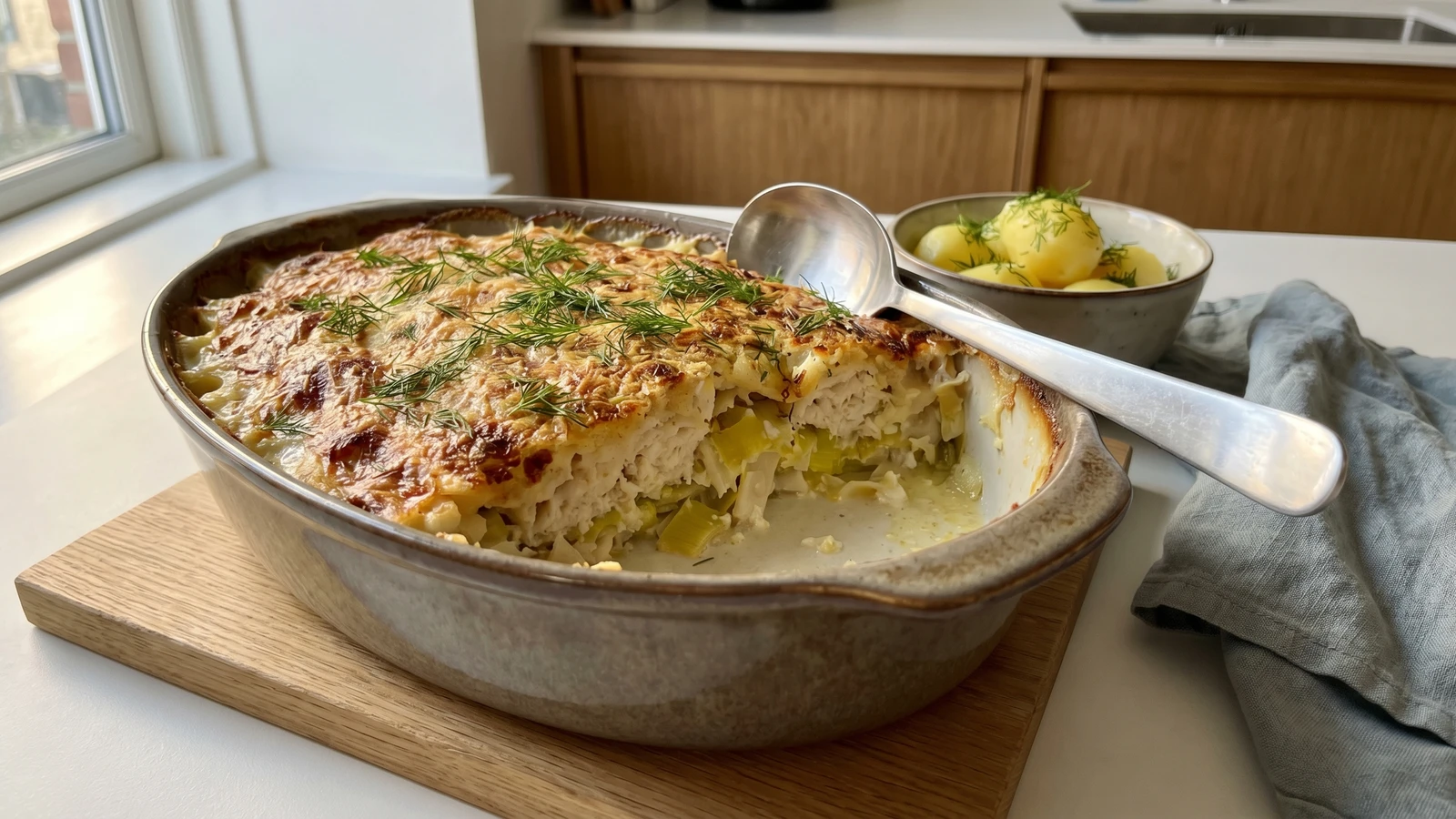 Fiskegratin med Fiskefars, Porrer og Selleri