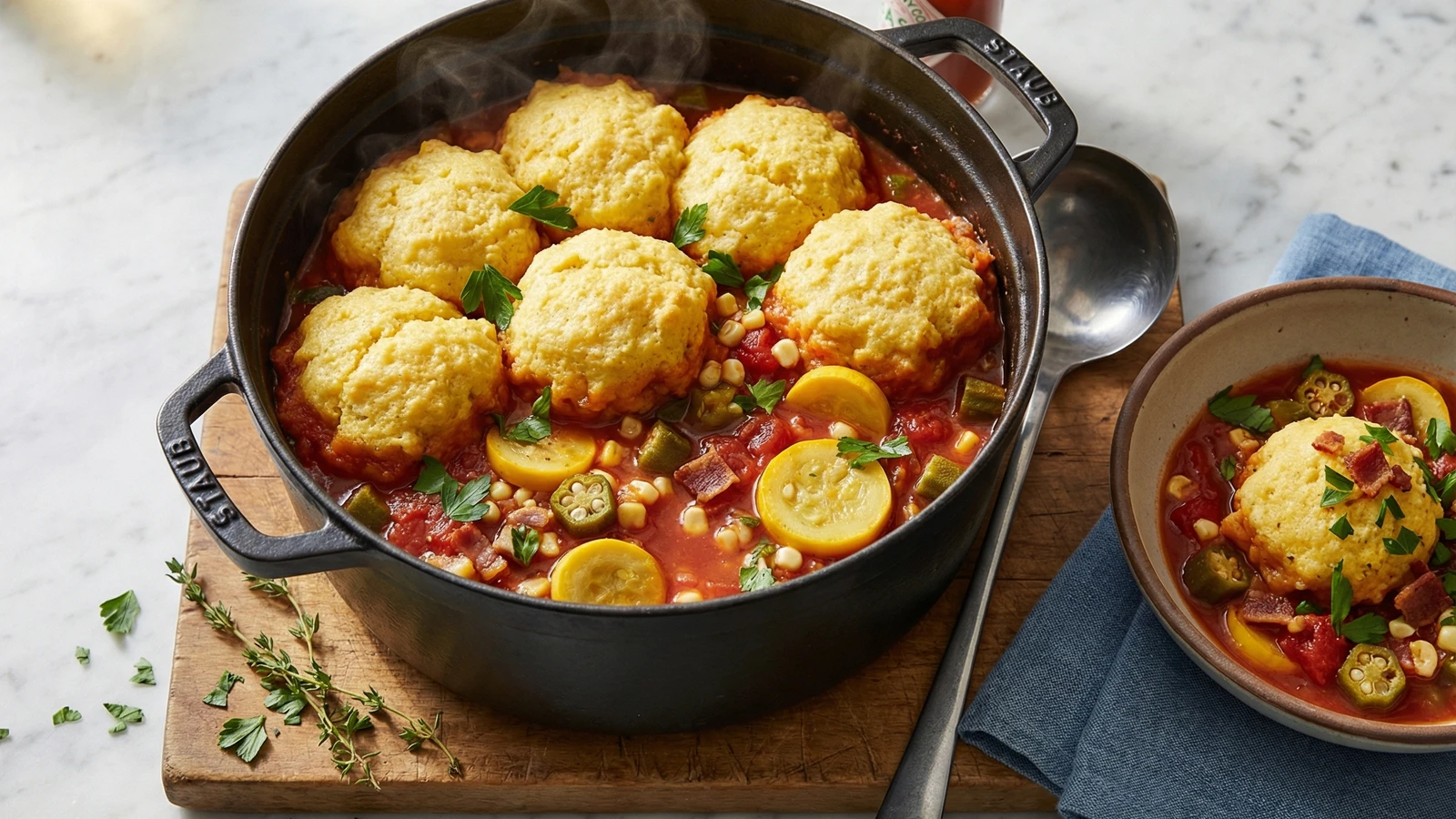 Southern Summer Vegetable Stew with Cornmeal Dumplings