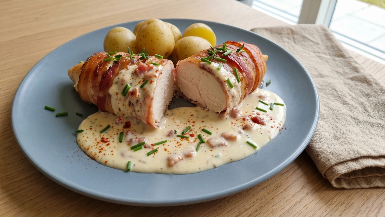 Kyllingefileter i Bacon med Fløde