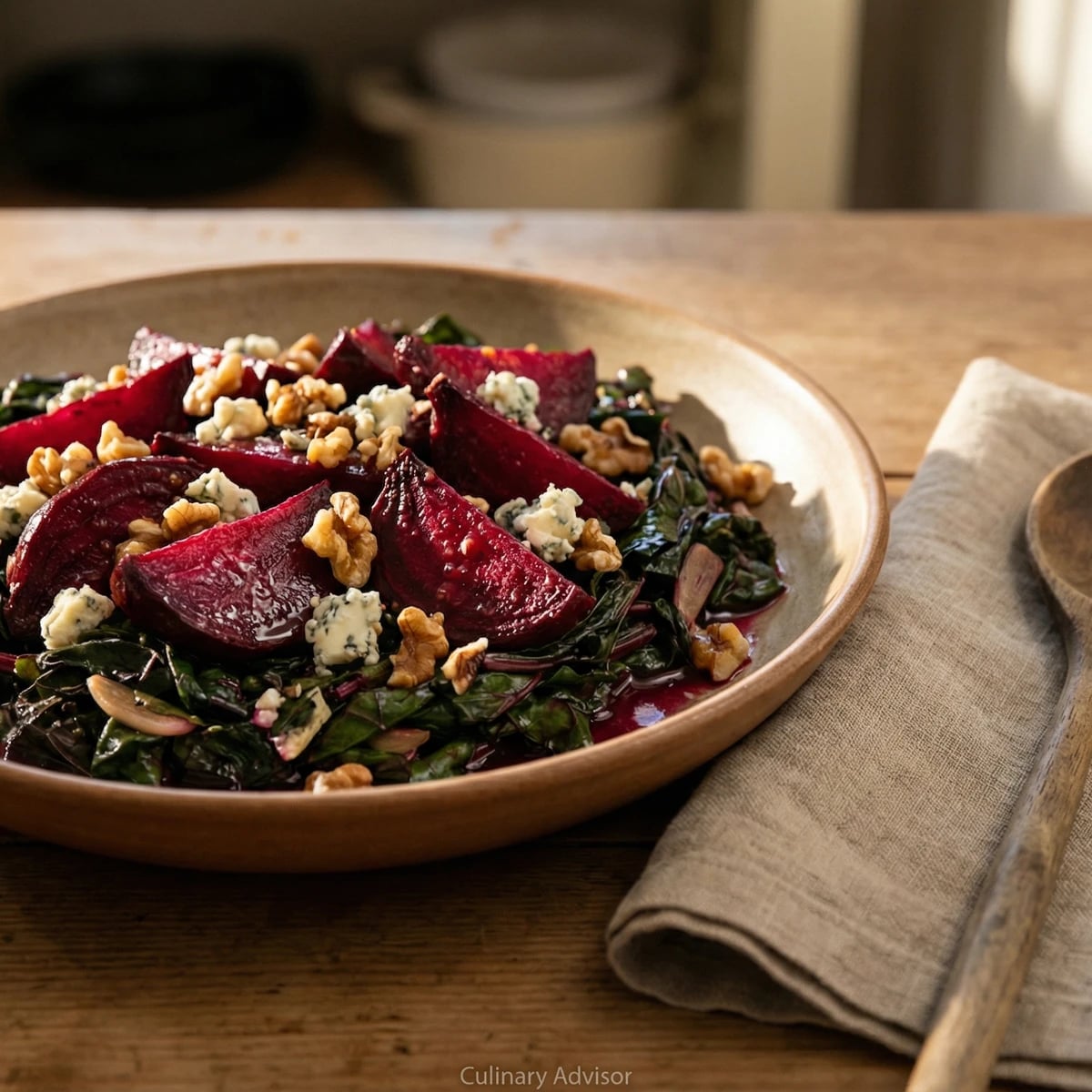 Roasted Beets with Their Greens and Walnuts