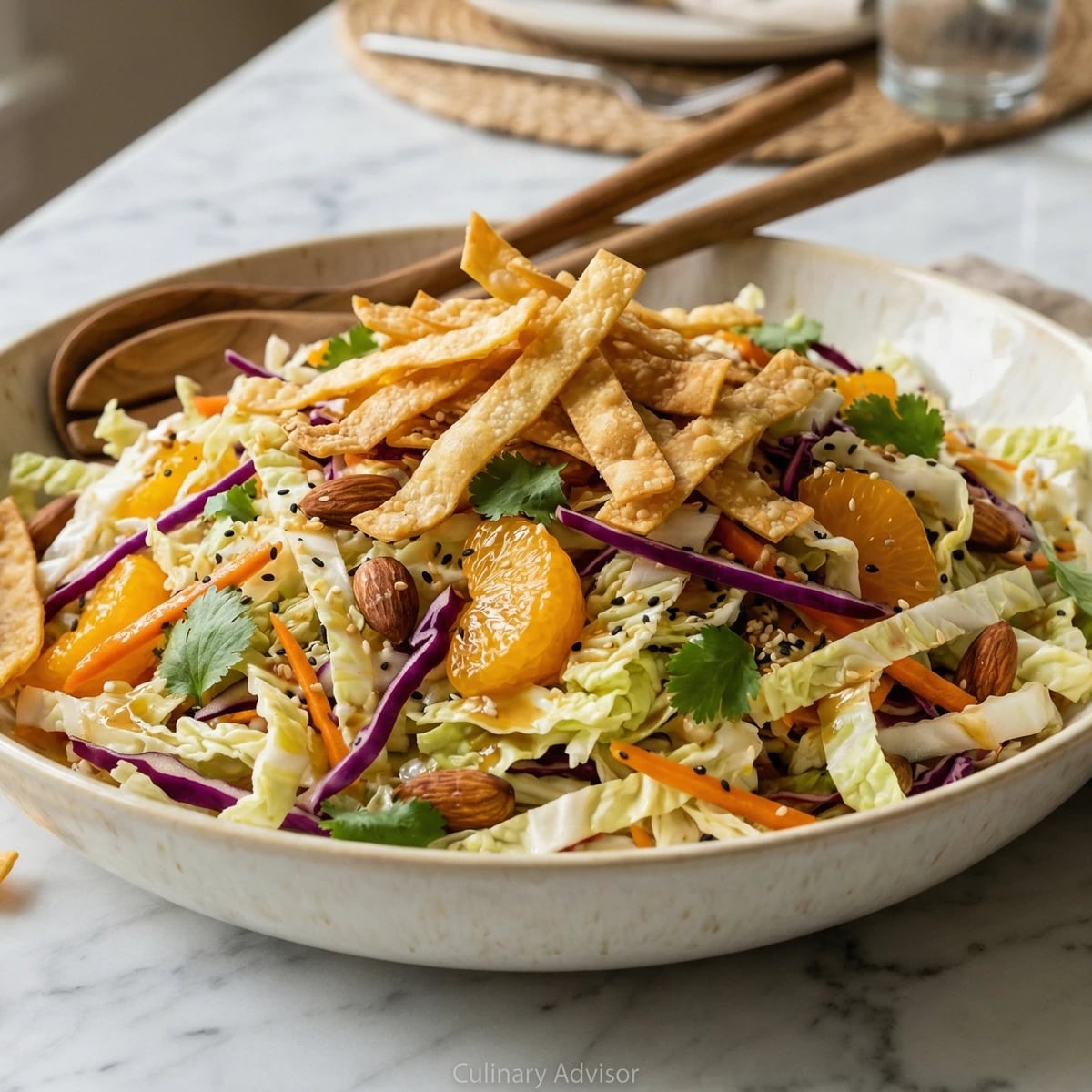 Asian Sesame Slaw with Crispy Wontons