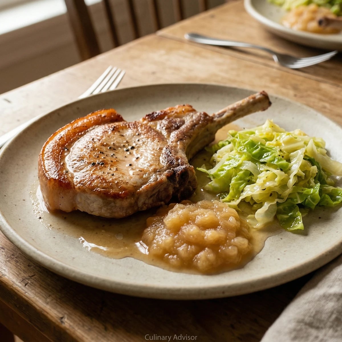 Pork Chops with Apple Sauce and Buttered Cabbage